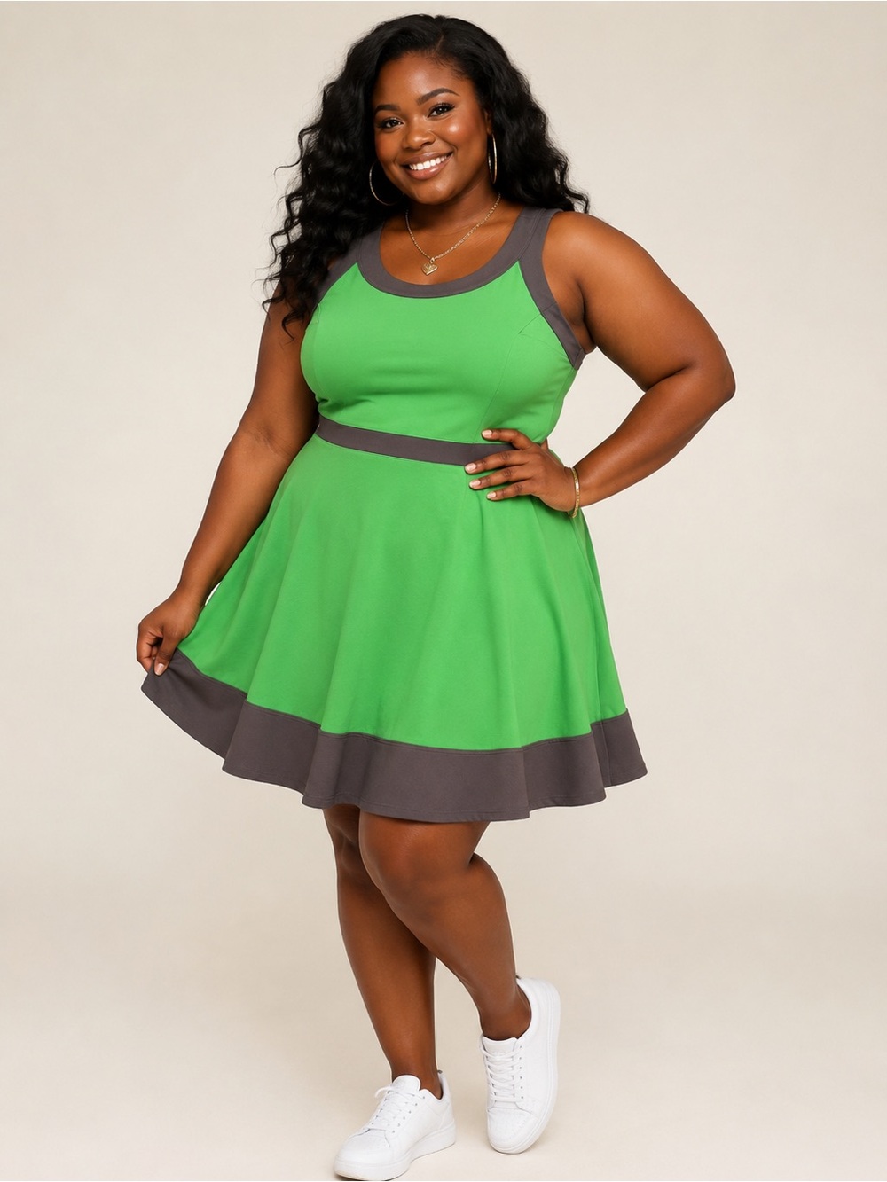 Lands' End Fit & Flare Sleeveless Stretch Knit Dress 18 Green/Navy
